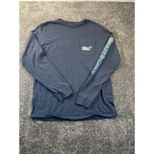 Vineyard Vines Top Womens Small Snowboard Whale Long Sleeve Pocket Tee Navy Blue